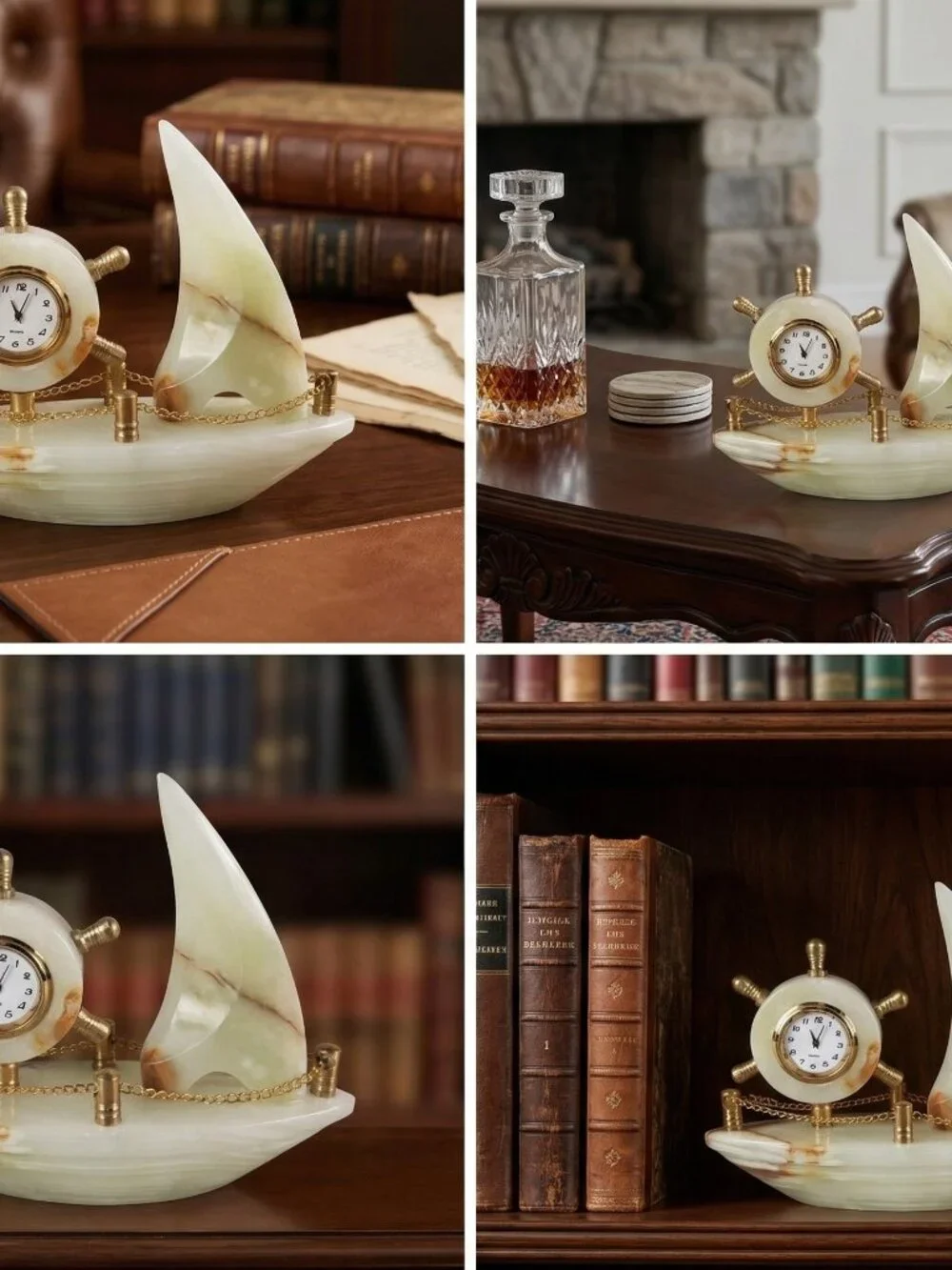 Decorative Collectible Ship Clock Desk Mentel Marble Onyx Handmade Imported NEW